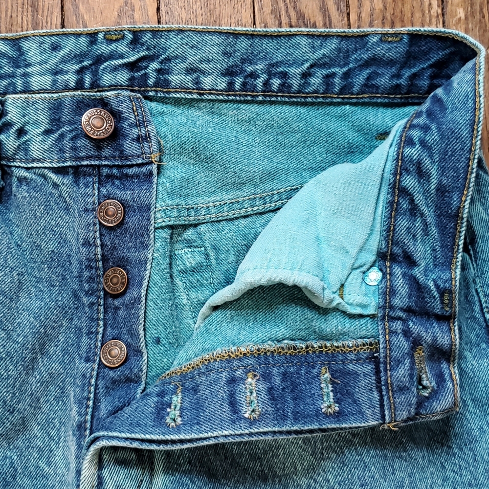Vintage Levis 501 0675 W32 L34 Teal Overdye button fly red label 80s / 90s - Picture 12 of 16